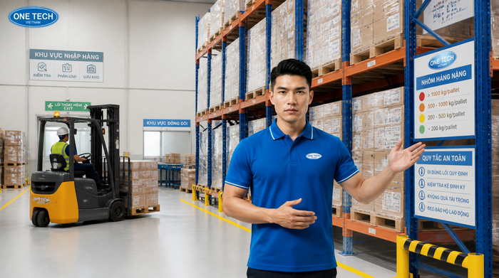 Xe nâng vận hành trong hệ thống kệ kho logistics Đồng Nai với lối đi an toàn