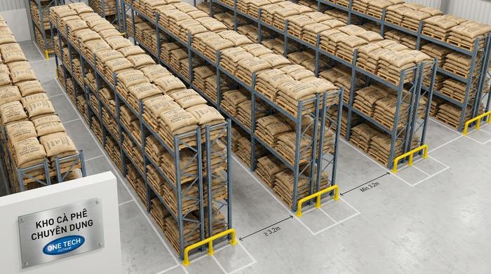 Bố trí kệ kho cà phê theo xe nâng và lối đi trong kho