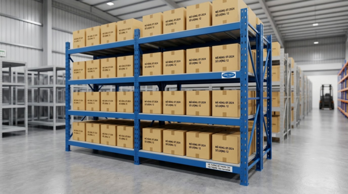 Cấu tạo kệ trung tải gồm chân trụ thanh beam mâm tầng và giằng chịu lực