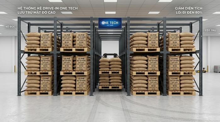 Kệ Drive In tăng mật độ lưu trữ pallet cà phê trong kho