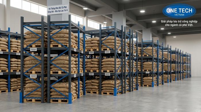 Kệ kho cà phê Đồng Nai tối ưu diện tích lưu trữ hàng bao và pallet