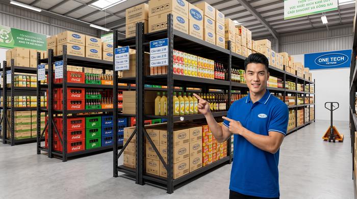 Kệ trung tải cho kho siêu thị Đồng Nai chứa hàng thùng và nước giải khát
