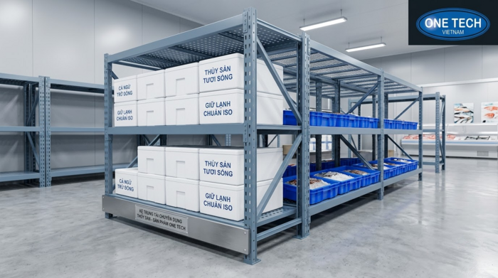 Kệ trung tải lưu trữ thùng xốp và khay nhựa hải sản
