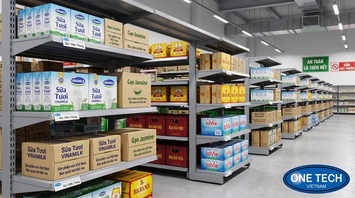 Kệ V cài cho kho siêu thị chứa hàng đóng thùng và hàng tiêu dùng