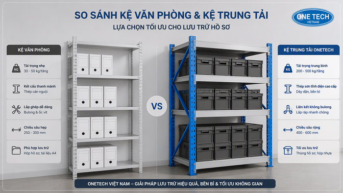So sánh kệ văn phòng và kệ trung tải lưu trữ hồ sơ So sánh kệ hồ sơ văn phòng và kệ trung tải lưu trữ hồ sơ