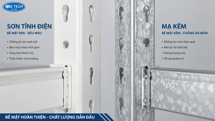 Bề mặt kệ kho chống rỉ cho môi trường nông sản Sơn tĩnh điện và mạ kẽm cho kệ kho nông sản